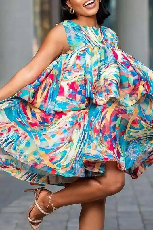 Elegant Plus Size Printed Casual Sleeveless Ruffled Party Mini Dress