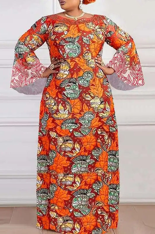 Elegant Long Flare Sleeve Vintage Floral Printed Casual Loose Maxi Dress