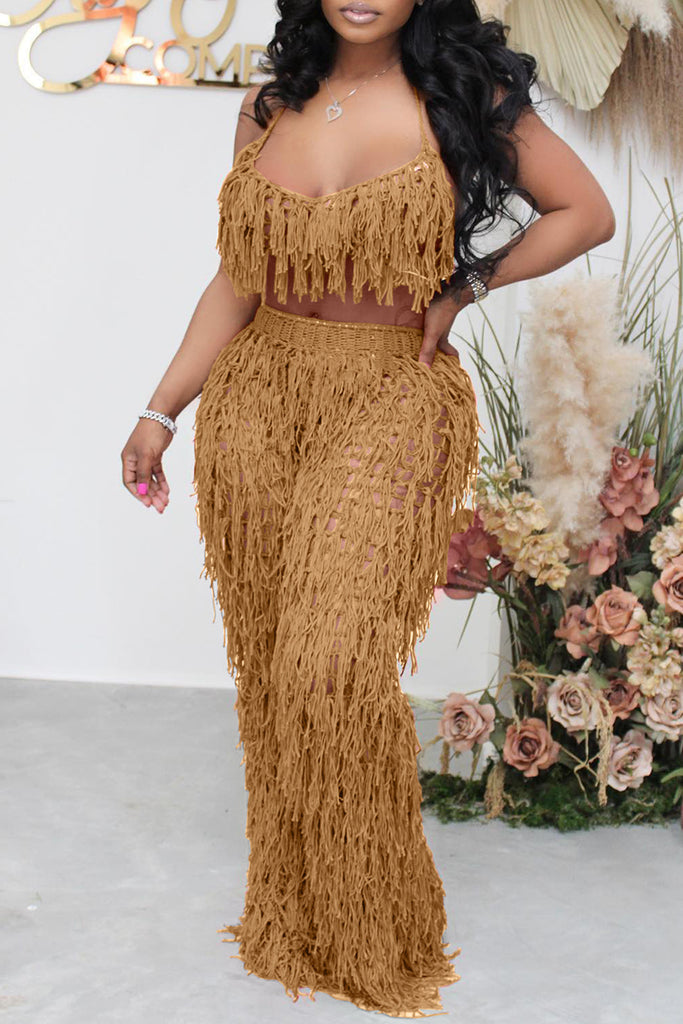 Fashion Casual Solid Tassel Hollowed Out Backless Spaghetti Strap Sleeveless Two Pieces