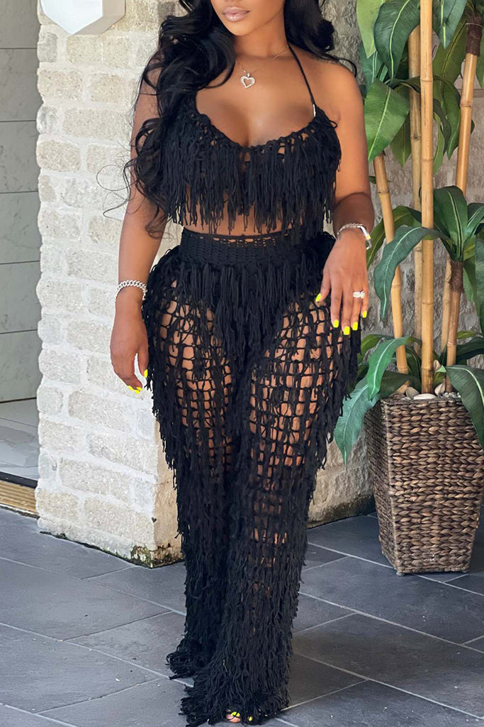 Fashion Casual Solid Tassel Hollowed Out Backless Spaghetti Strap Sleeveless Two Pieces
