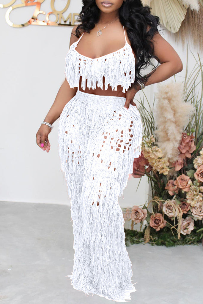 Fashion Casual Solid Tassel Hollowed Out Backless Spaghetti Strap Sleeveless Two Pieces