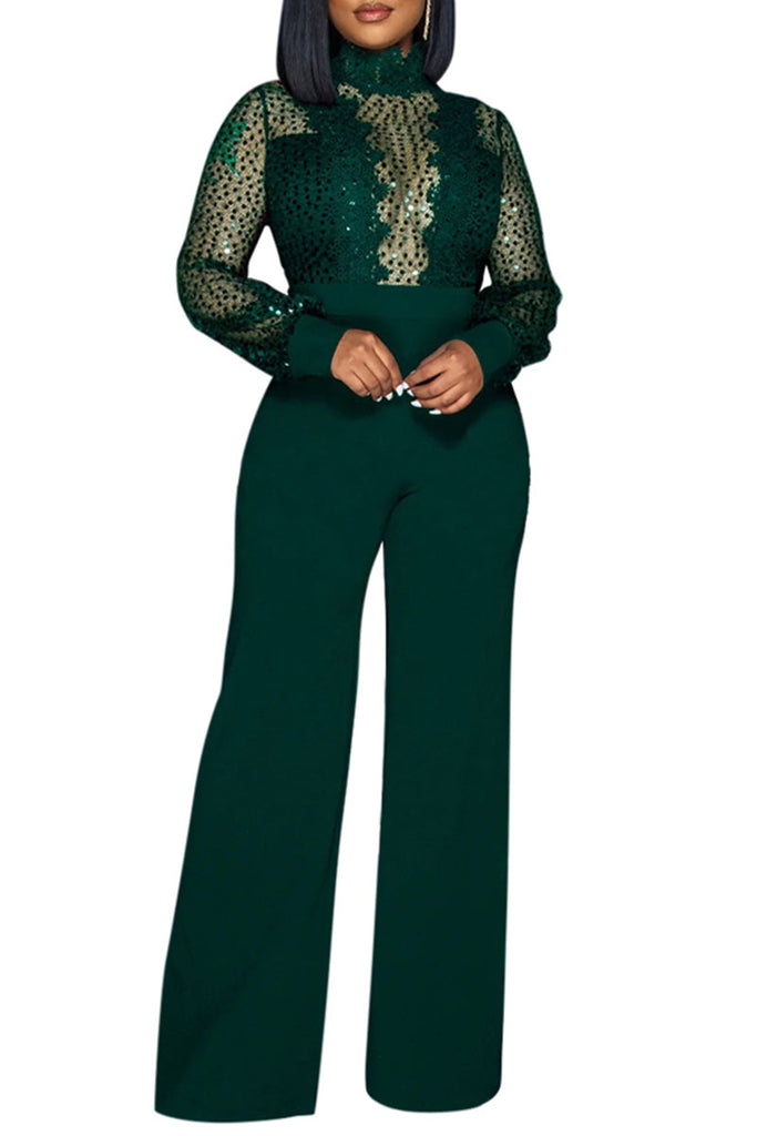Sexy Casual Patchwork See-through Turtleneck Regular Jumpsuits