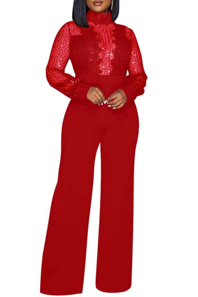 Sexy Casual Patchwork See-through Turtleneck Regular Jumpsuits