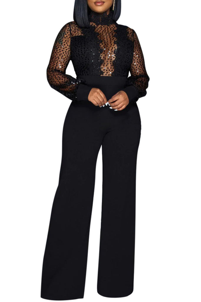 Sexy Casual Patchwork See-through Turtleneck Regular Jumpsuits