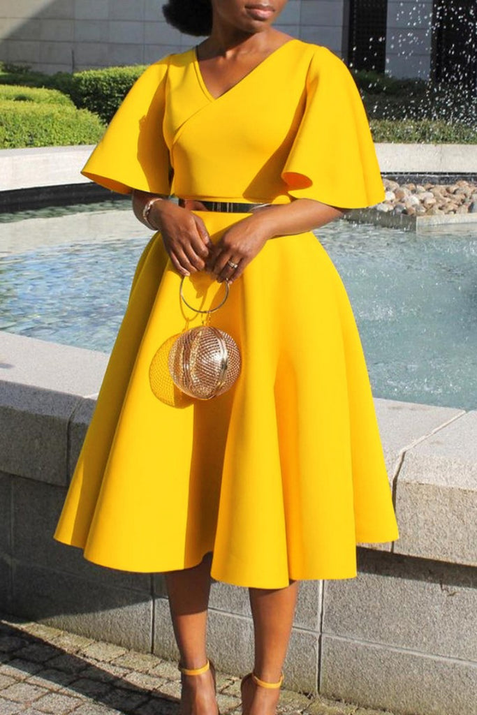 Casual Solid Patchwork V Neck Short Sleeve Dress Dresses