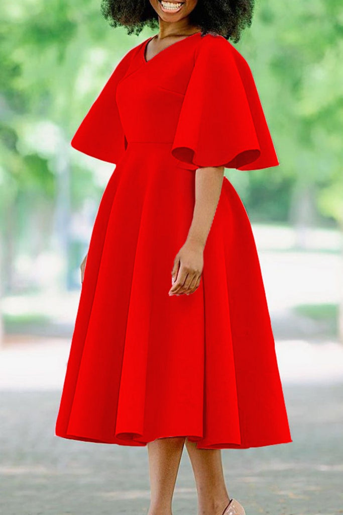 Casual Solid Patchwork V Neck Short Sleeve Dress Dresses