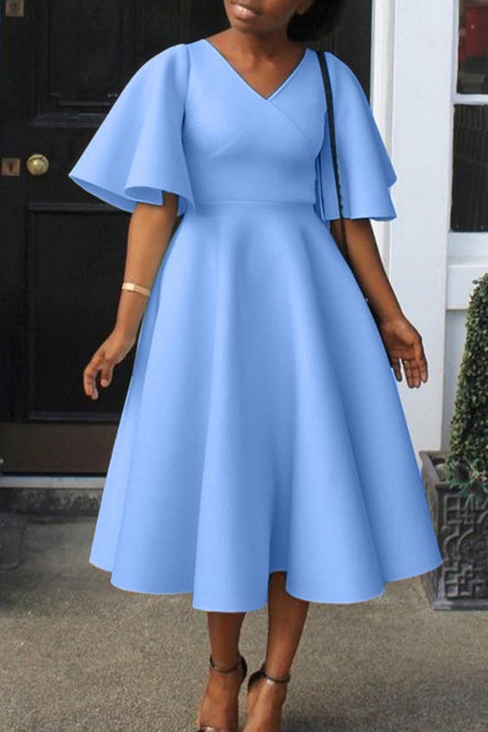 Casual Solid Patchwork V Neck Short Sleeve Dress Dresses