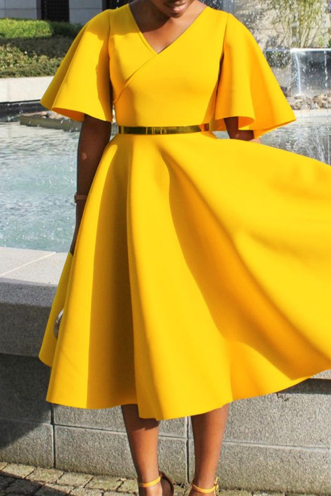 Casual Solid Patchwork V Neck Short Sleeve Dress Dresses