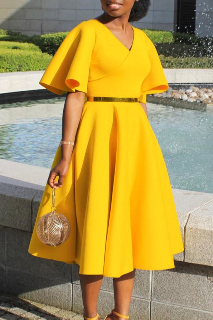 Casual Solid Patchwork V Neck Short Sleeve Dress Dresses