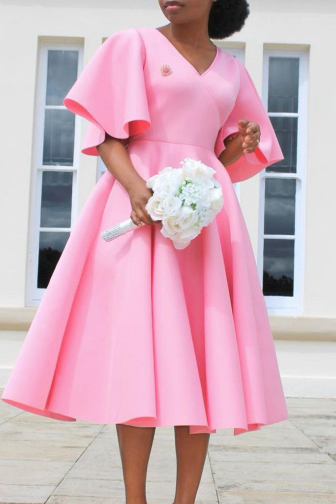 Casual Solid Patchwork V Neck Short Sleeve Dress Dresses