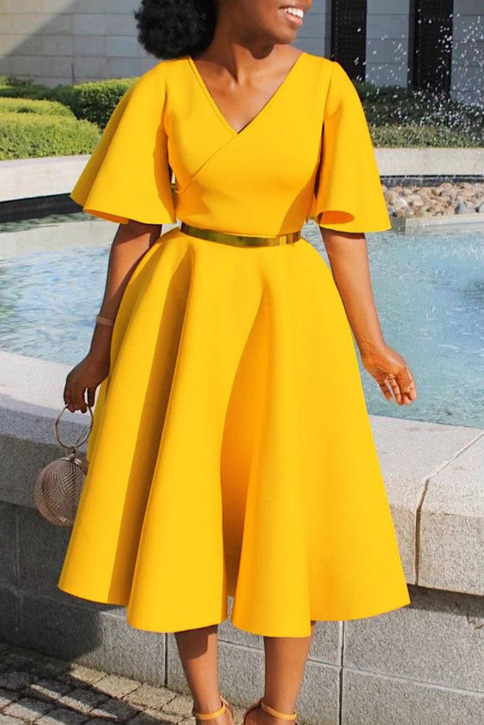 Casual Solid Patchwork V Neck Short Sleeve Dress Dresses