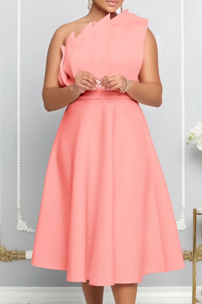 Elegant Solid Patchwork Fold Oblique Collar Evening Dress Dresses