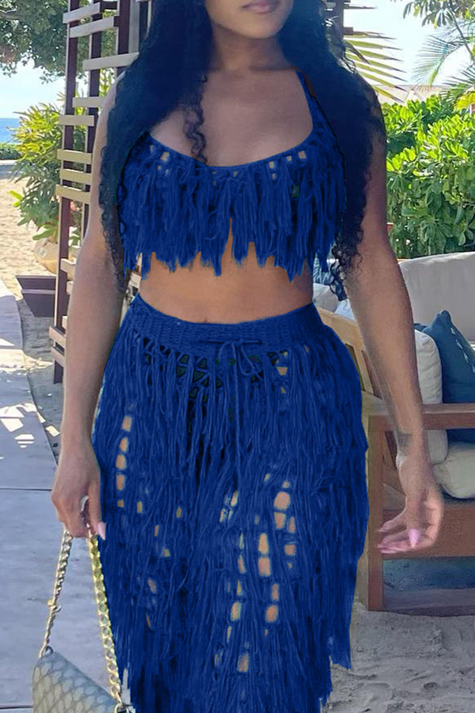 Fashion Casual Solid Tassel Hollowed Out Backless Spaghetti Strap Sleeveless Two Pieces