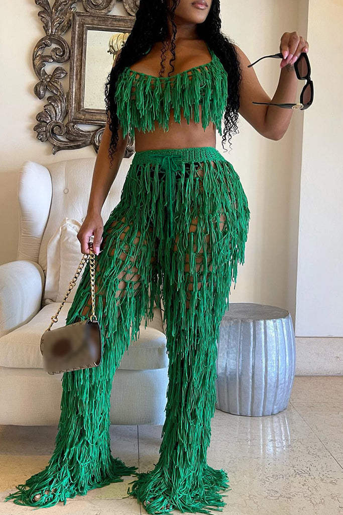 Fashion Casual Solid Tassel Hollowed Out Backless Spaghetti Strap Sleeveless Two Pieces