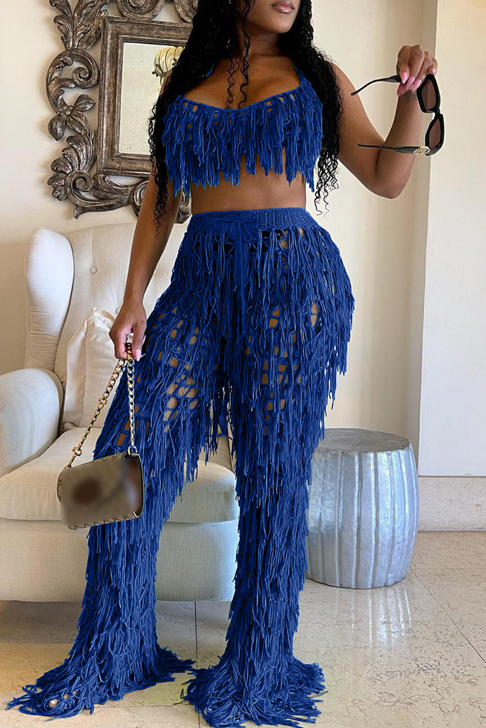 Fashion Casual Solid Tassel Hollowed Out Backless Spaghetti Strap Sleeveless Two Pieces