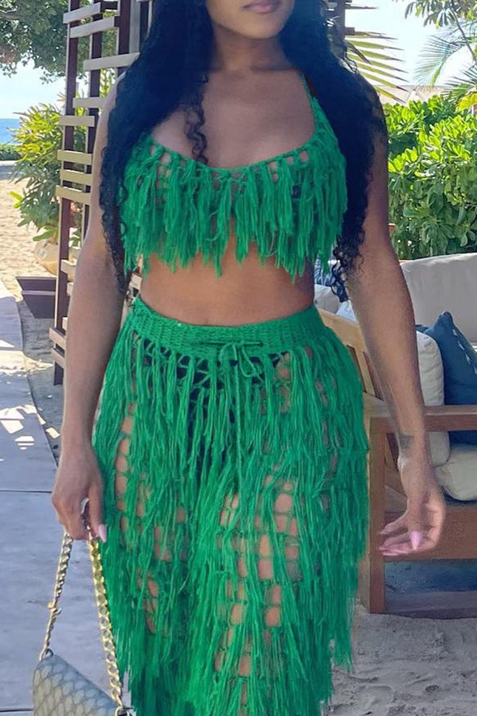 Fashion Casual Solid Tassel Hollowed Out Backless Spaghetti Strap Sleeveless Two Pieces