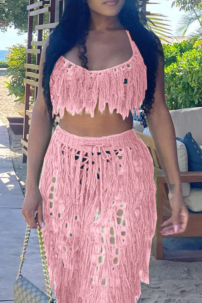 Fashion Casual Solid Tassel Hollowed Out Backless Spaghetti Strap Sleeveless Two Pieces