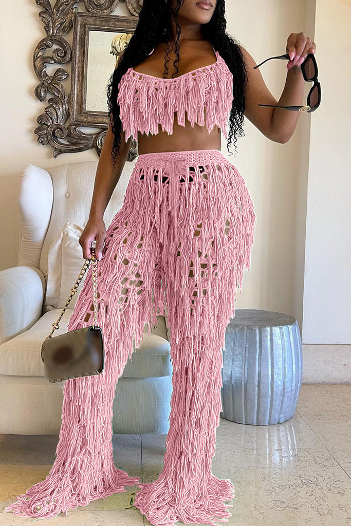 Fashion Casual Solid Tassel Hollowed Out Backless Spaghetti Strap Sleeveless Two Pieces