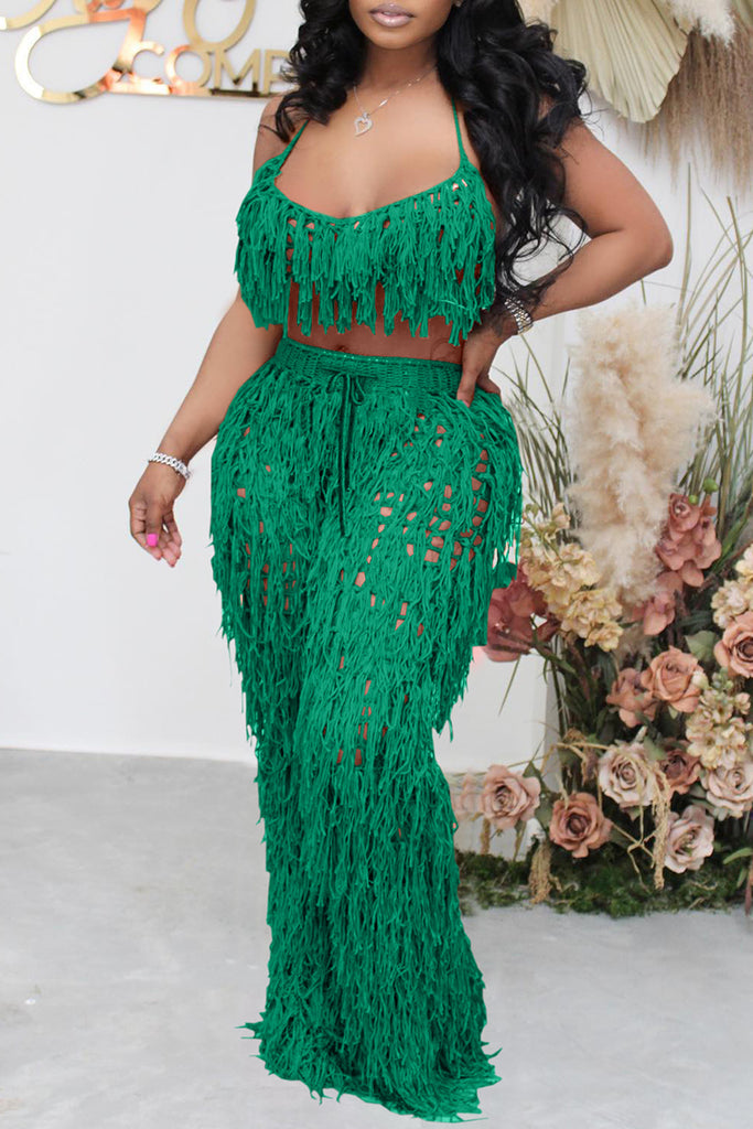 Fashion Casual Solid Tassel Hollowed Out Backless Spaghetti Strap Sleeveless Two Pieces