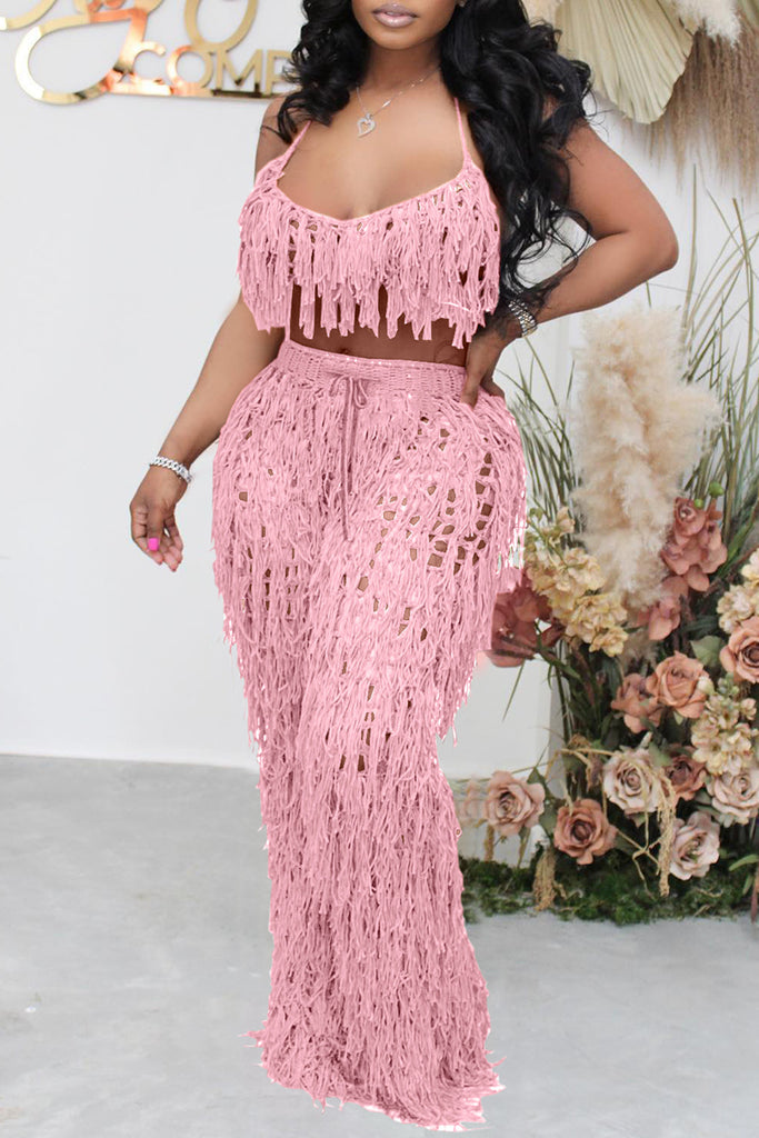 Fashion Casual Solid Tassel Hollowed Out Backless Spaghetti Strap Sleeveless Two Pieces