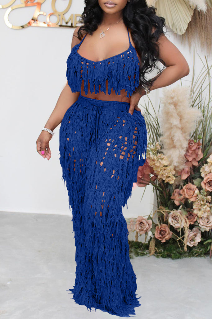 Fashion Casual Solid Tassel Hollowed Out Backless Spaghetti Strap Sleeveless Two Pieces
