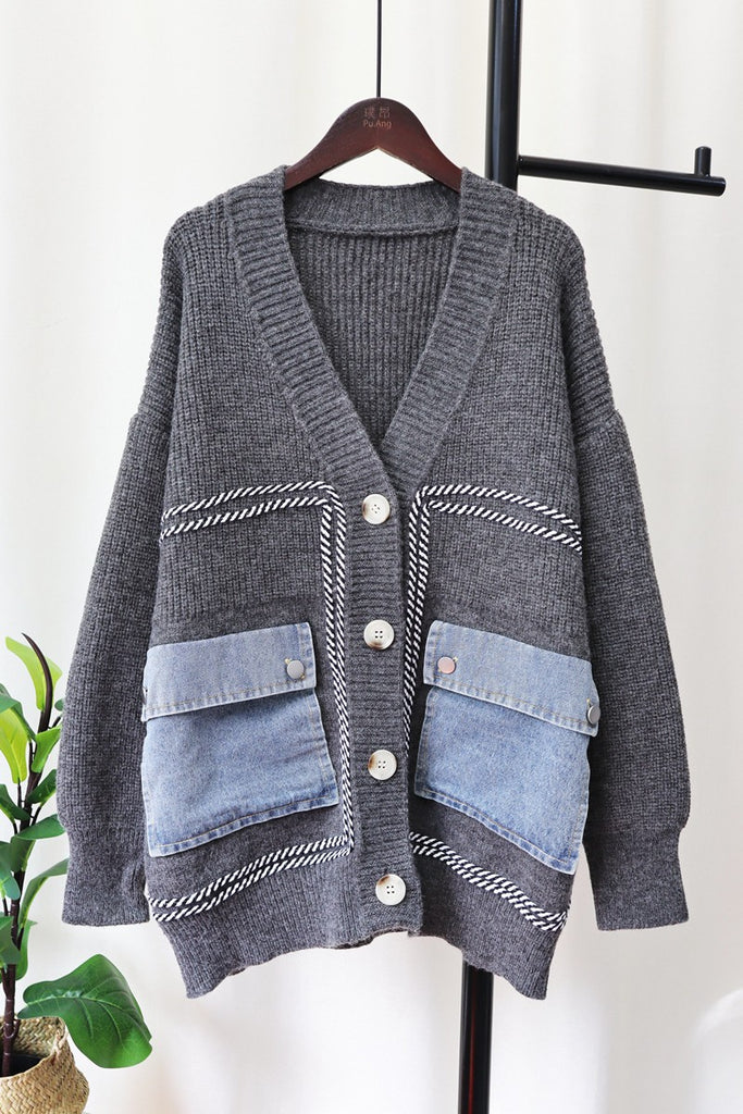 Casual Patchwork Buttons Cardigan V Neck Outerwear