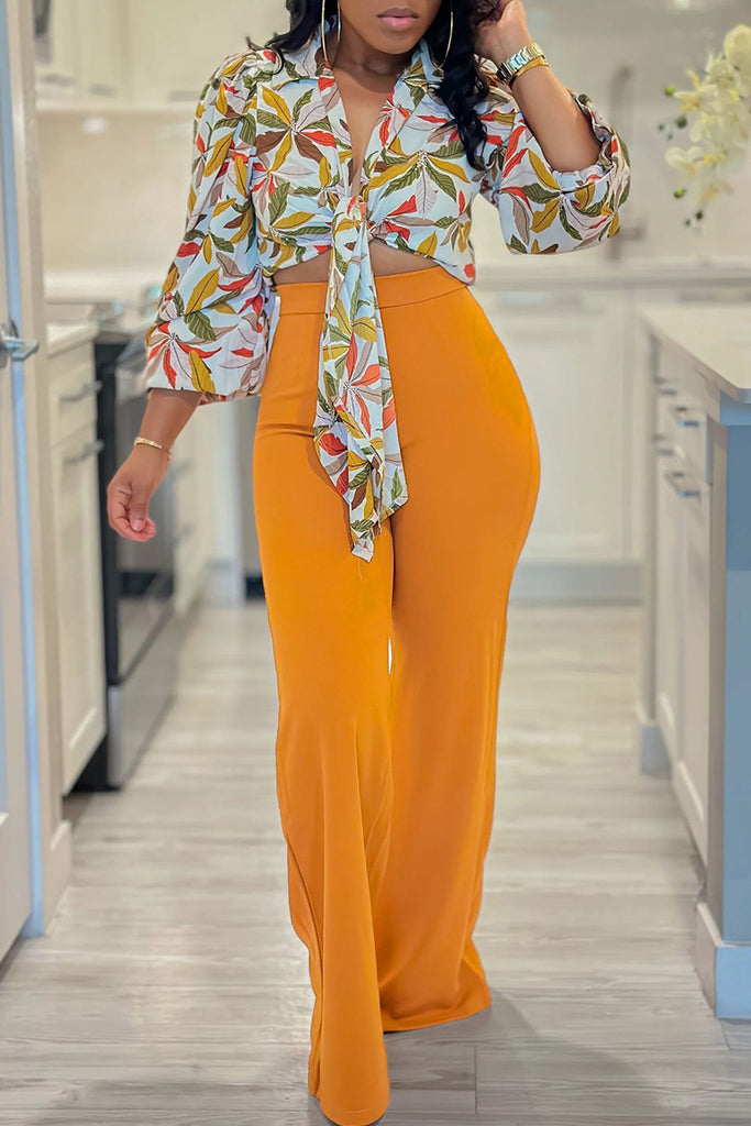 Elegant Floral Bandage Patchwork V Neck Long Sleeve Two Pieces