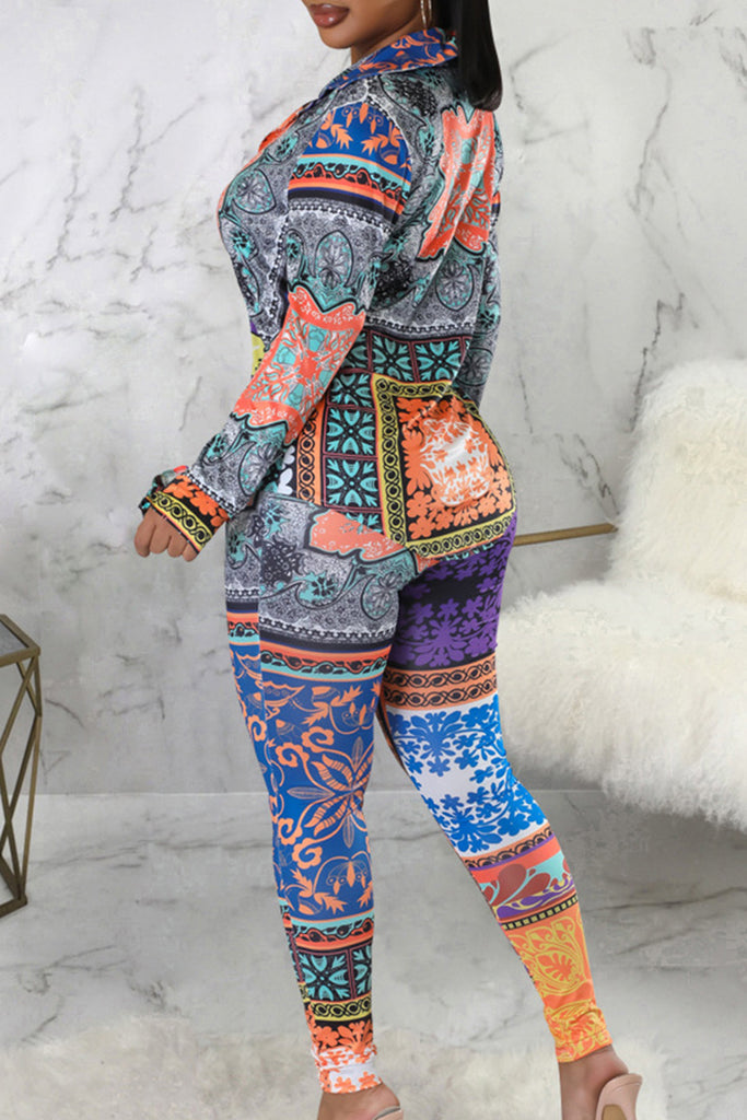 Sexy Print Patchwork Buckle Turndown Collar Long Sleeve Two Pieces