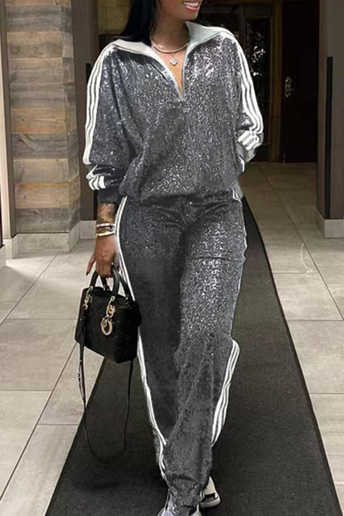 Casual Solid Sequins Patchwork Zipper Turndown Collar Long Sleeve Two Pieces