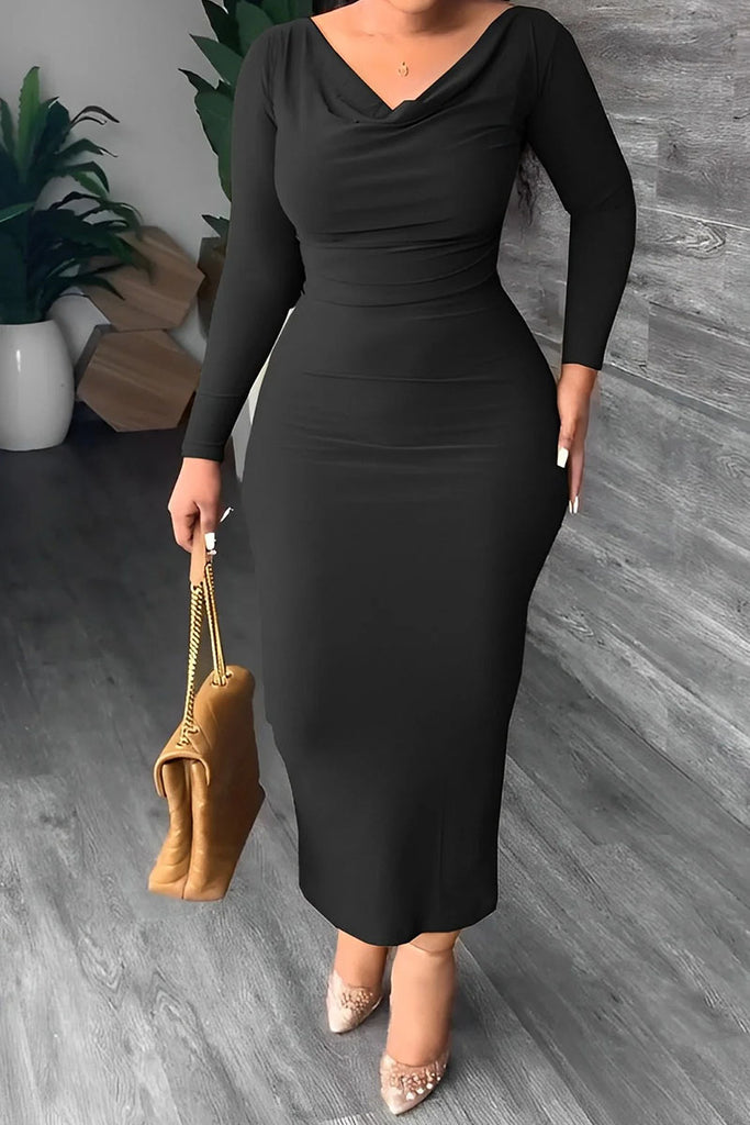 Elegant Solid Patchwork V Neck Long Dress Plus Size Dresses