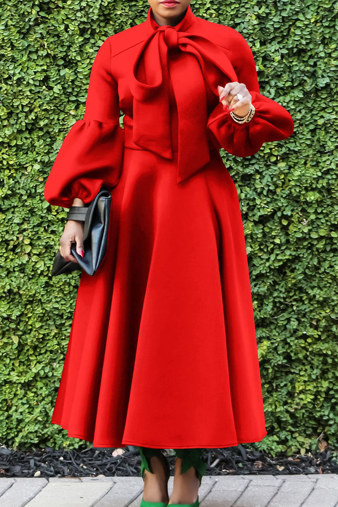 Elegant Solid Patchwork With Bow O Neck A Line Dresses