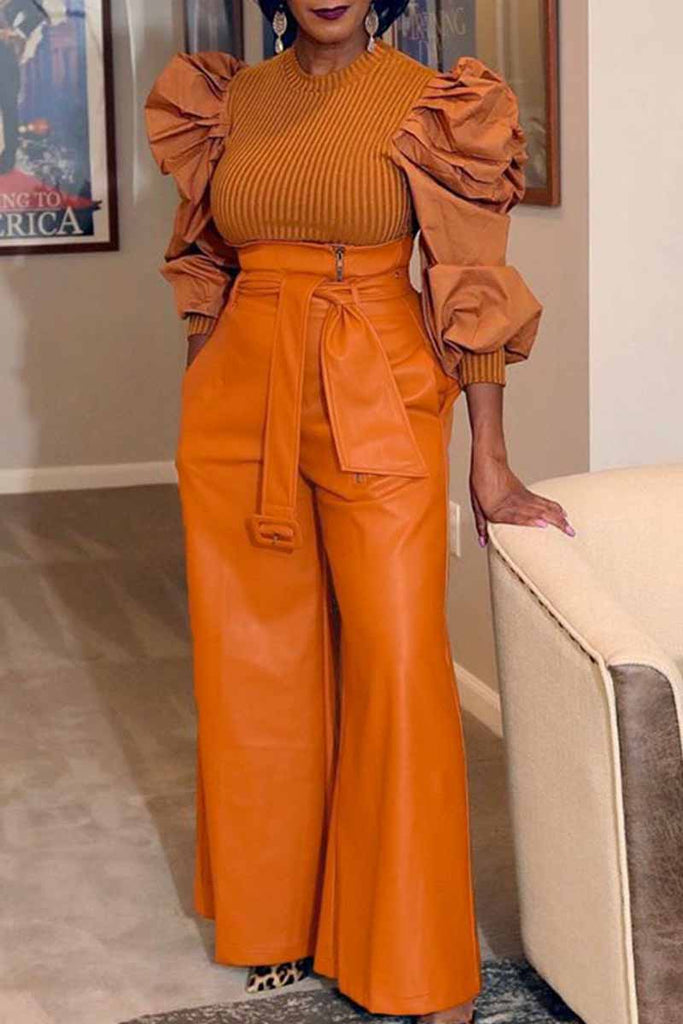 Fashion Casual Adult Faux Leather Solid Pants With Belt Straight Bottoms