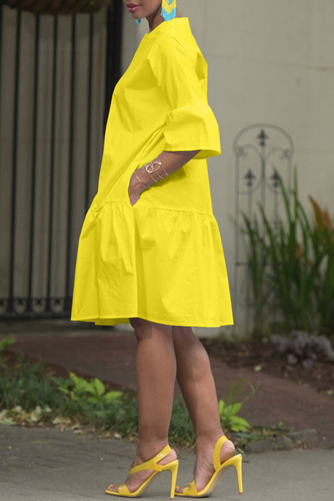 Casual Solid Patchwork Buttons O Neck Shirt Dress Dresses