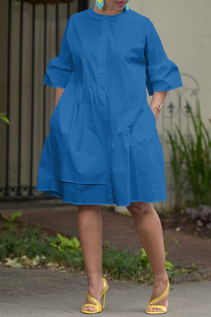 Casual Solid Patchwork Buttons O Neck Shirt Dress Dresses