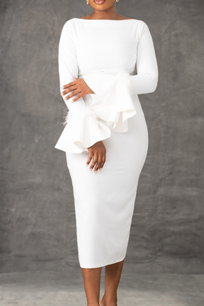 Elegant Solid Patchwork Zipper O Neck Pencil Skirt Dresses