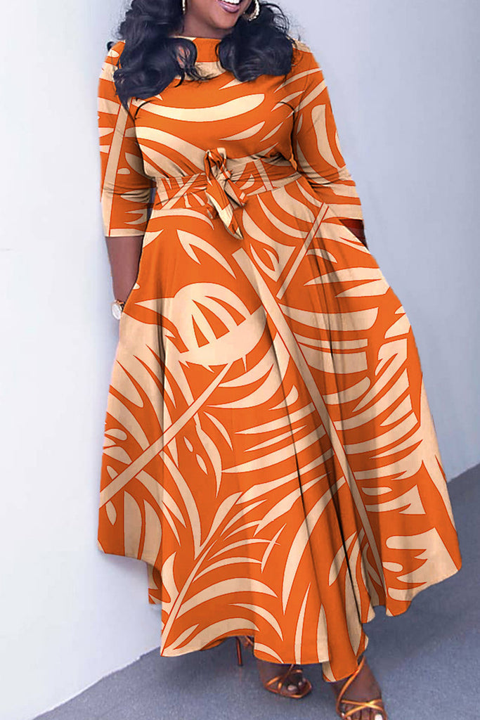 Elegant Print Bandage Patchwork Zipper O Neck Printed Dress Dresses