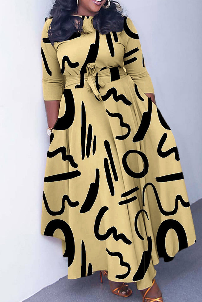 Elegant Print Bandage Patchwork Zipper O Neck Printed Dress Dresses