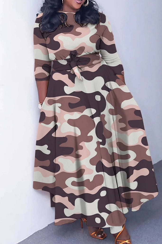 Elegant Print Bandage Patchwork Zipper O Neck Printed Dress Dresses