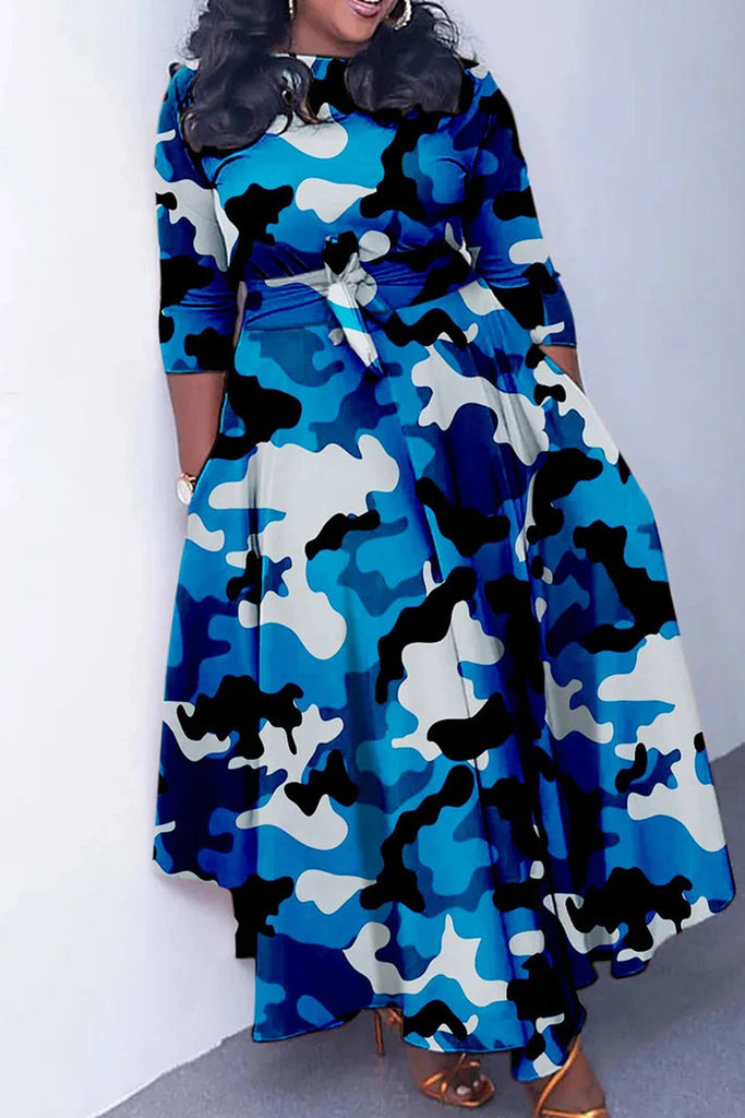 Elegant Print Bandage Patchwork Zipper O Neck Printed Dress Dresses