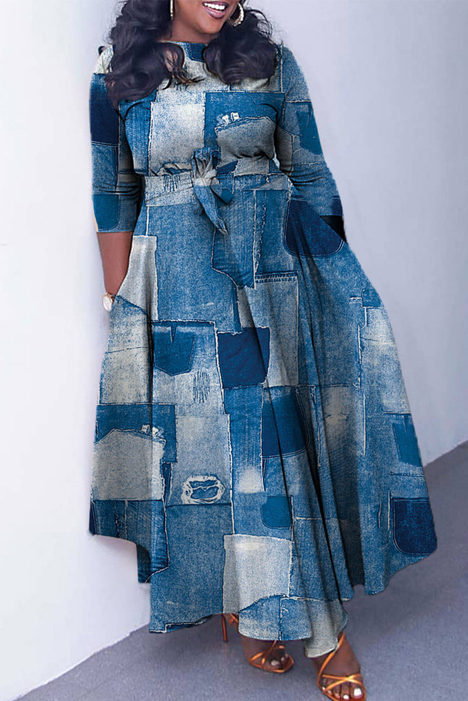 Elegant Print Bandage Patchwork Zipper O Neck Printed Dress Dresses