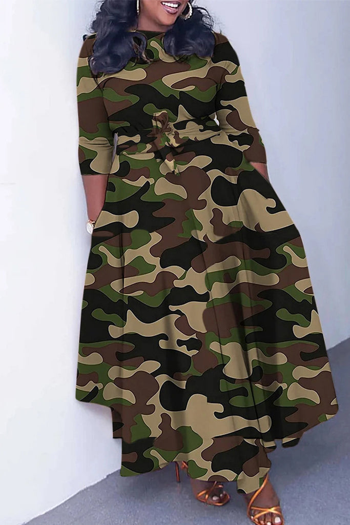Elegant Print Bandage Patchwork Zipper O Neck Printed Dress Dresses