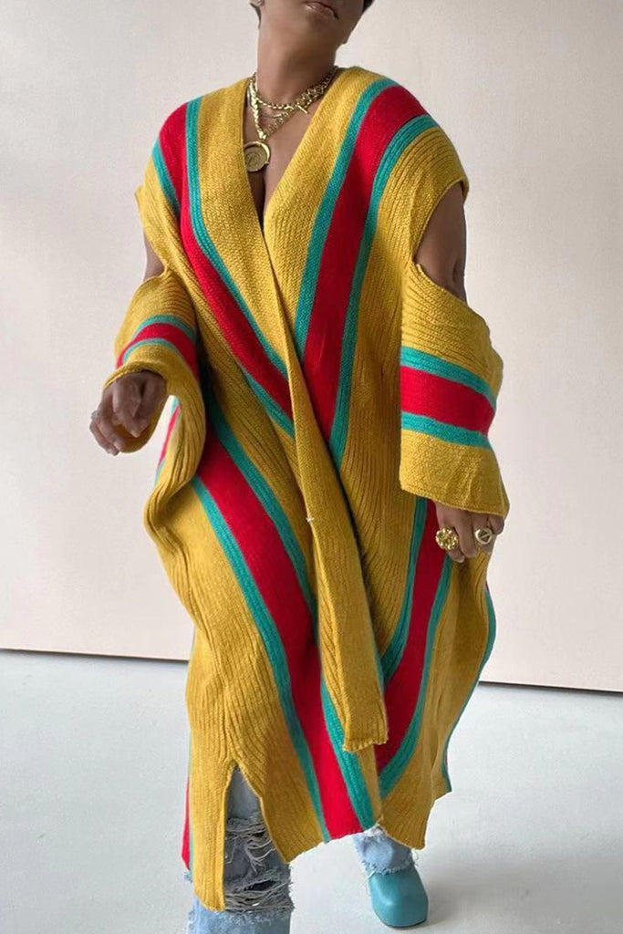 Street Color Block Hollowed Out Patchwork Slit Cardigan Collar Outerwear
