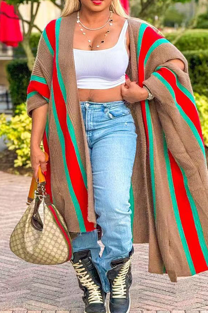 Street Color Block Hollowed Out Patchwork Slit Cardigan Collar Outerwear