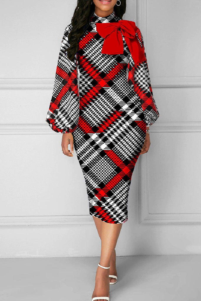 Casual Print Patchwork With Bow Turtleneck Long Sleeve Dresses