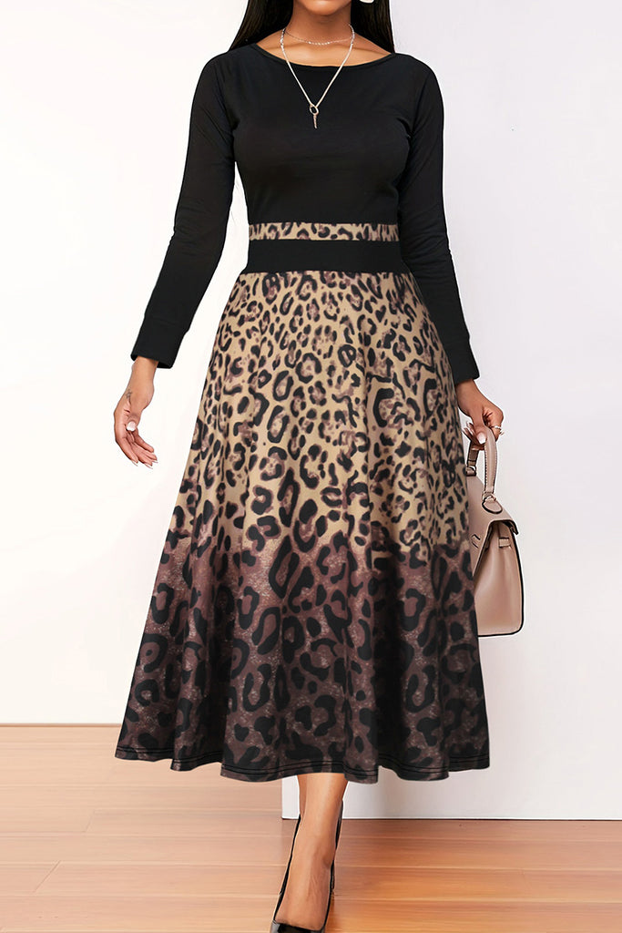 Casual Print Leopard Patchwork O Neck Plus Size Long Sleeve Dresses