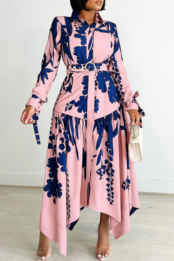 Elegant Print Patchwork With Belt Turndown Collar Irregular Dress Dresses
