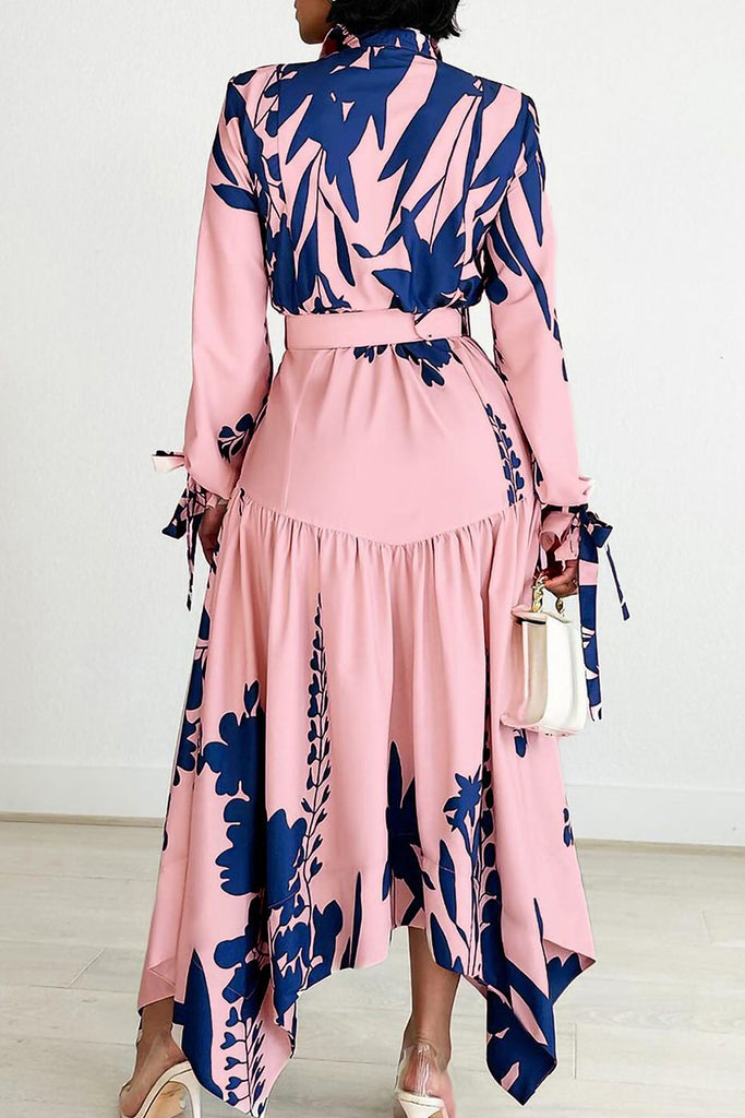 Elegant Print Patchwork With Belt Turndown Collar Irregular Dress Dresses