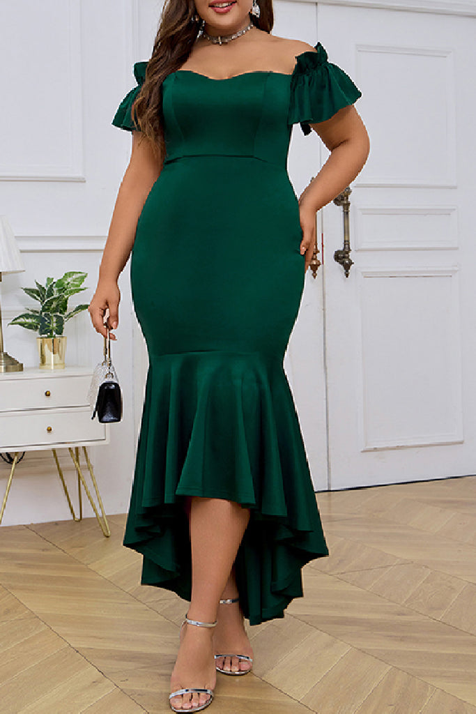 Sexy Formal Solid Patchwork Asymmetrical Off the Shoulder Evening Dress Plus Size Dresses