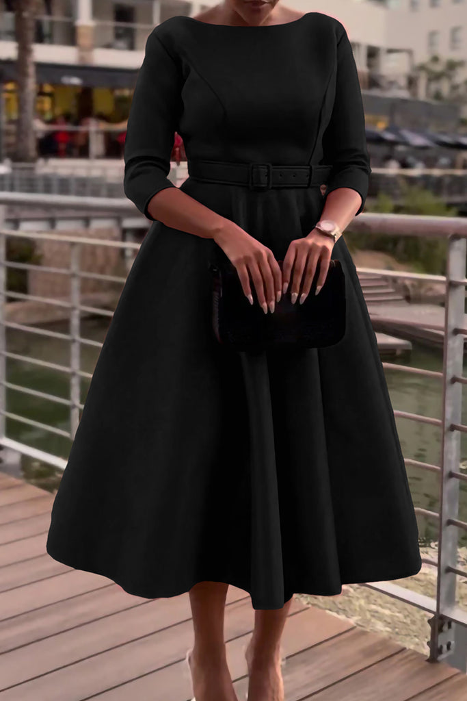 Celebrities Solid Patchwork With Belt O Neck A Line Dresses（Belt Included）