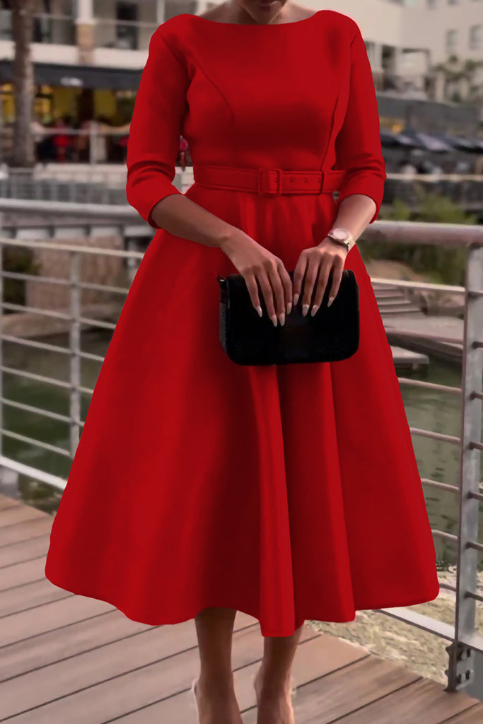 Celebrities Solid Patchwork With Belt O Neck A Line Dresses（Belt Included）